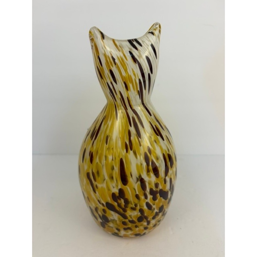 Art Glass Cat Figurine Bud Vase Tortoiseshell Amber Brown White Hand Blown 8in